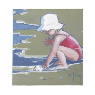 Little girl with hat on beach with waves notepad