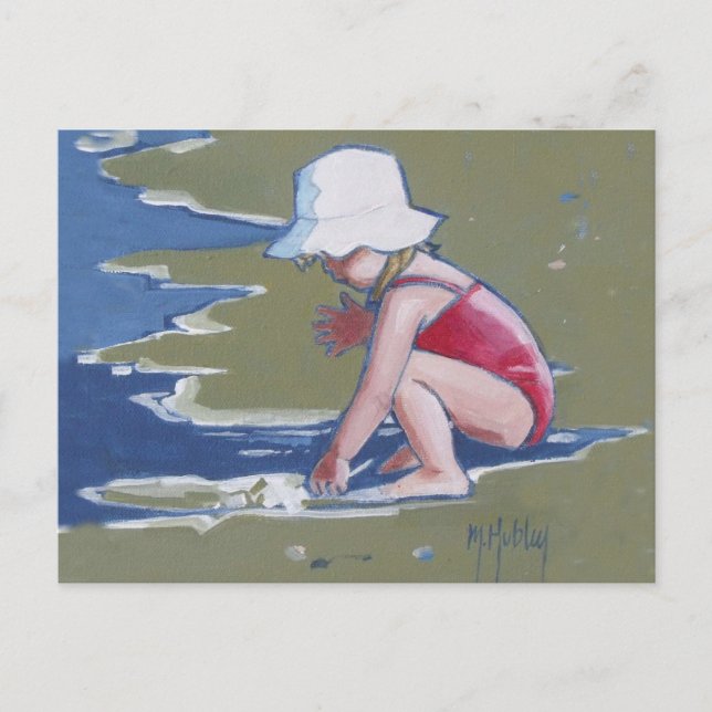 Little girl with hat on beach with waves postcard (Front)