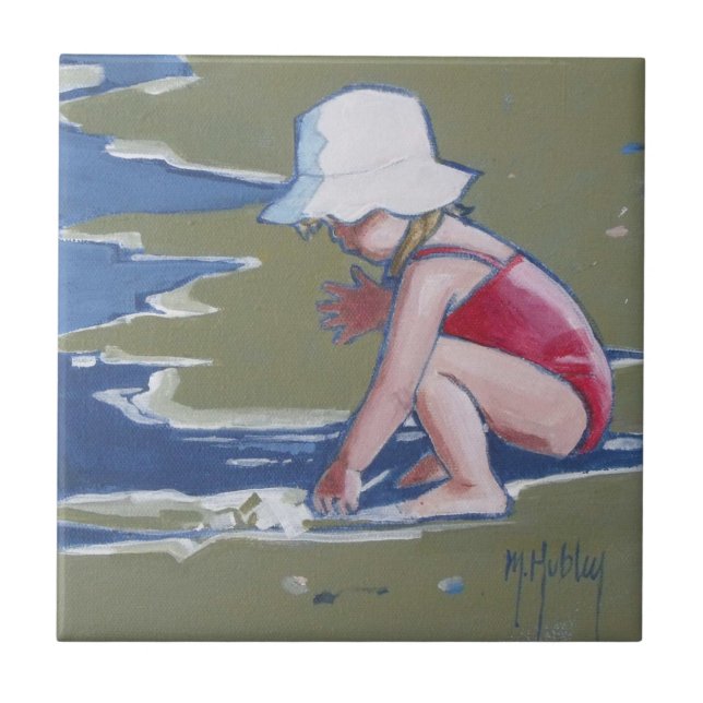 Little girl with hat on beach with waves tile (Front)