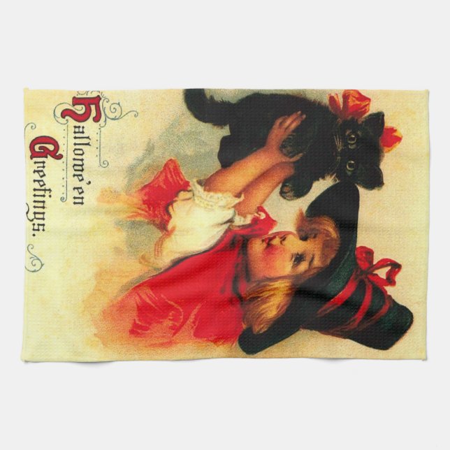 Little Girl With Her Black Cat Kitchen Towel (Horizontal)