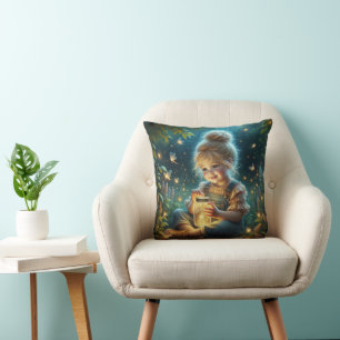 Little Girl With Jar of Fireflies Throw Pillow