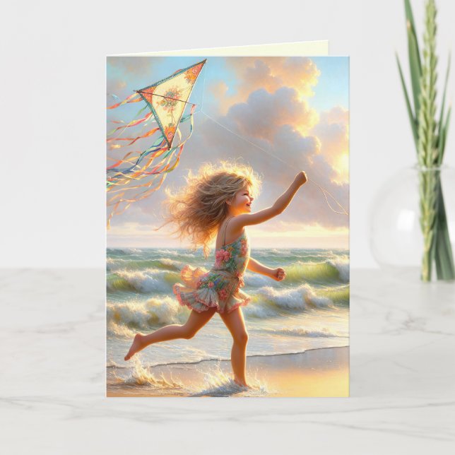 Little Girl With Kite On A Beach Card (Front)