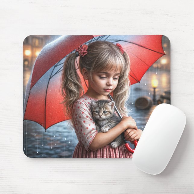Little Girl With Kitten Under Umbrella Mouse Pad (With Mouse)