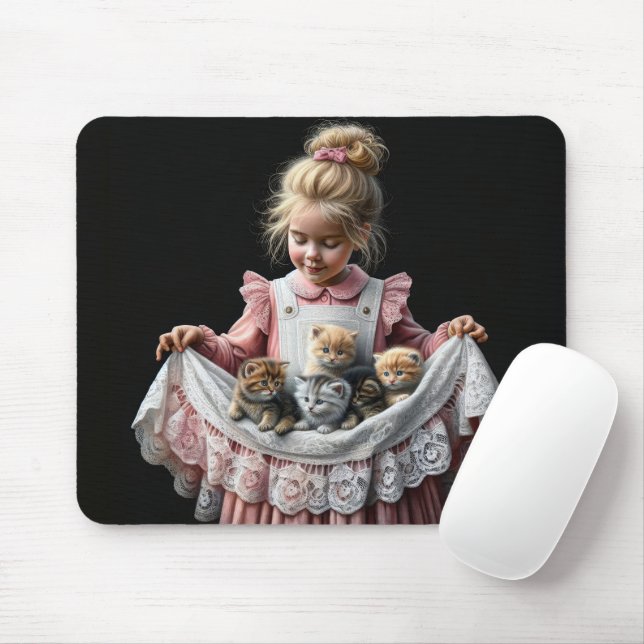 Little Girl With Kittens In Her Apron Mouse Pad (With Mouse)