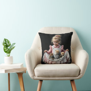 Little Girl With Kittens In Her Apron Throw Pillow
