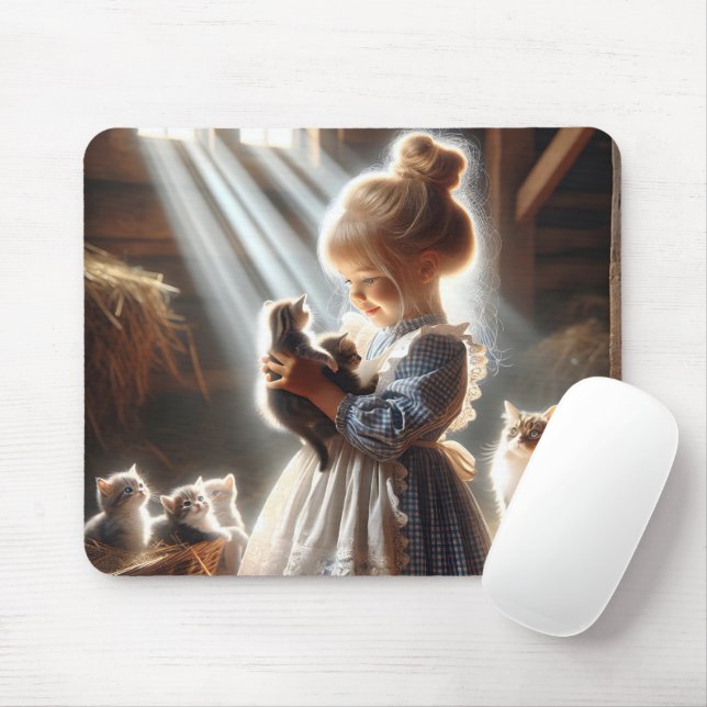 Little Girl With Kittens Mouse Pad (With Mouse)