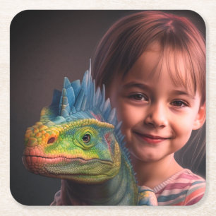 Little Girl with Lizard Square Paper Coaster