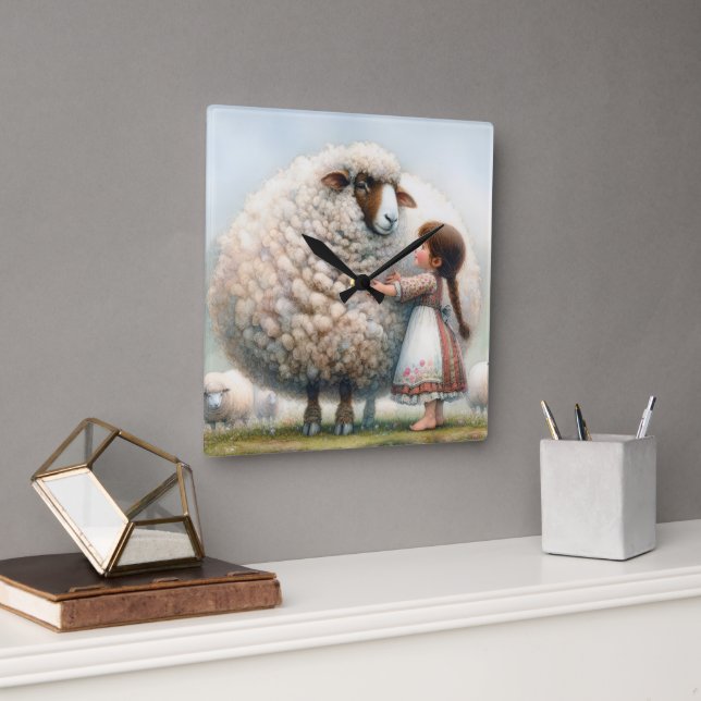 Little Girl With Oversized Ewe Square Wall Clock (Office)