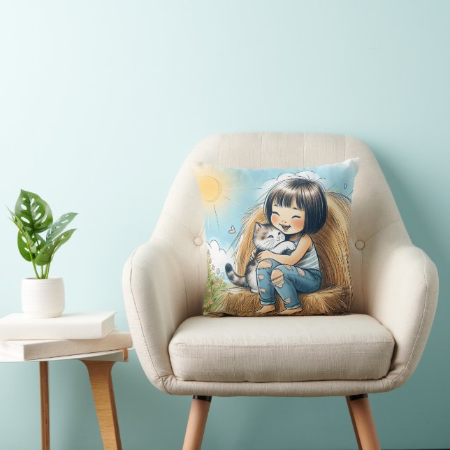 Little Girl With Pet Kitten Throw Pillow (Chair)