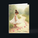 Little Girl With Pink Hearts Birthday Card<br><div class="desc">A little girl in a flowing white dress stands barefoot on a winding path,  surrounded by pink heart shapes scattered along a pathway.
All text can be changed.</div>
