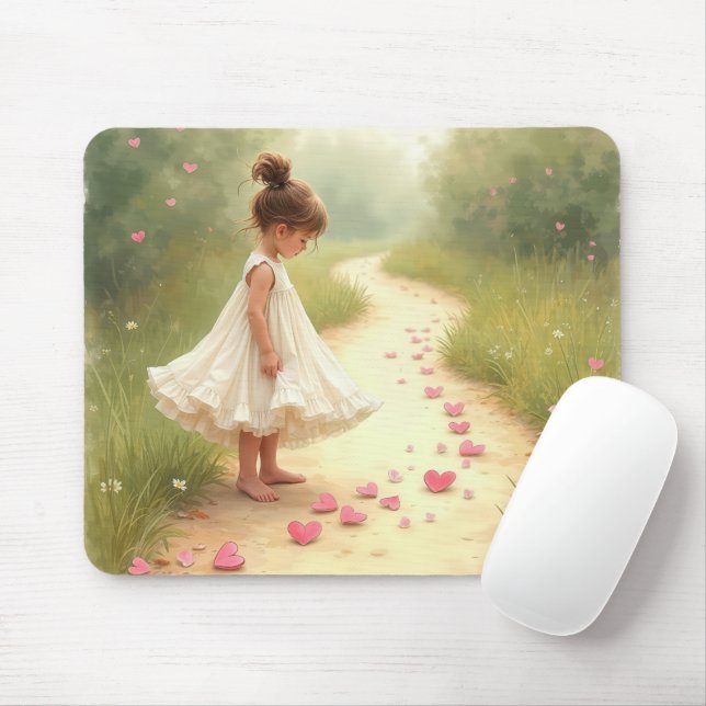 Little Girl With Pink Hearts On Dirt Path Mouse Pad (With Mouse)