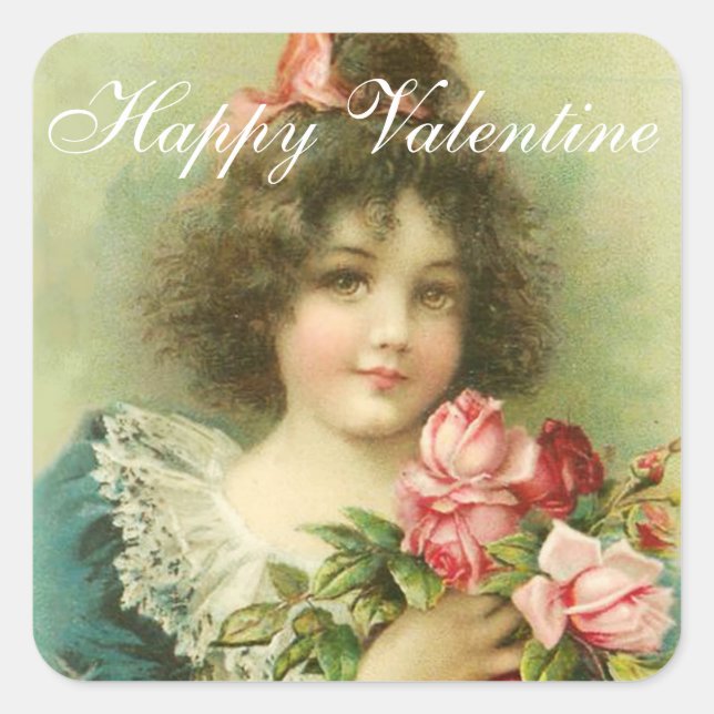 Little Girl with Pink Roses Valentine's Day Square Sticker (Front)