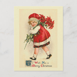 "Little Girl with Poinsettias" Vintage Postcard