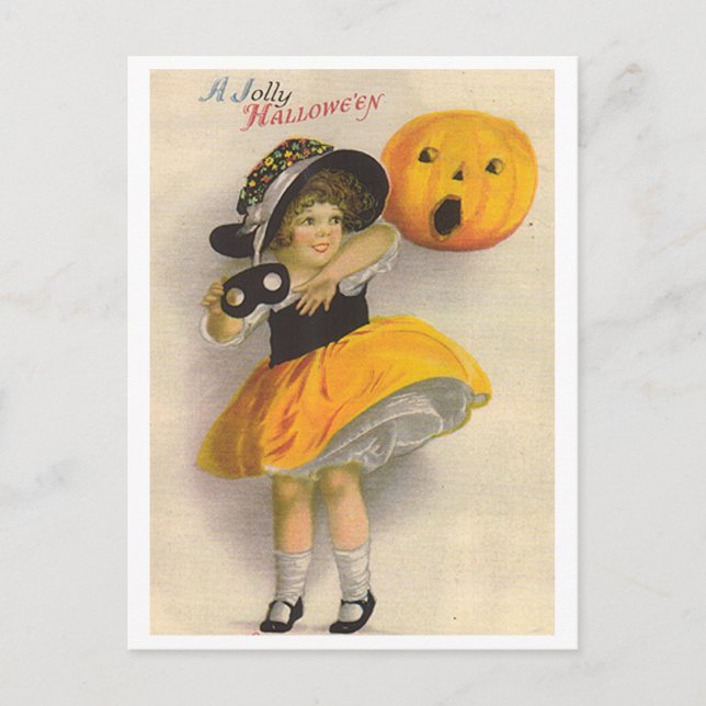 Little Girl with Pumpkin and Mask Postcard (Front)