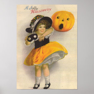Little Girl with Pumpkin and Mask Poster