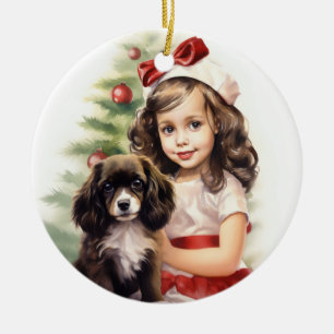 Little Girl with Puppy Christmas Ceramic Ornament
