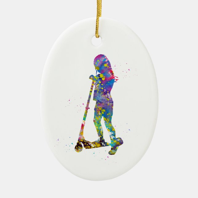 Little girl with scooter ceramic ornament (Front)