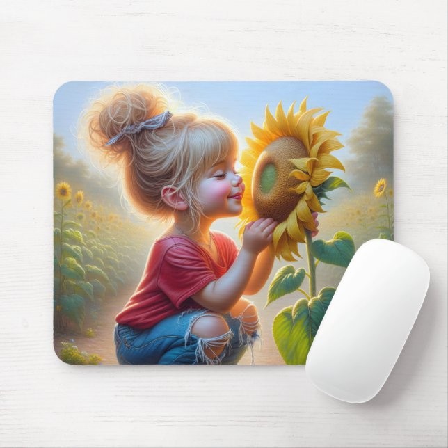 Little Girl With Sunflower Mouse Pad (With Mouse)