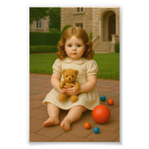 “Little Girl with Teddy Bear – Vintage Child Portr Photo Print