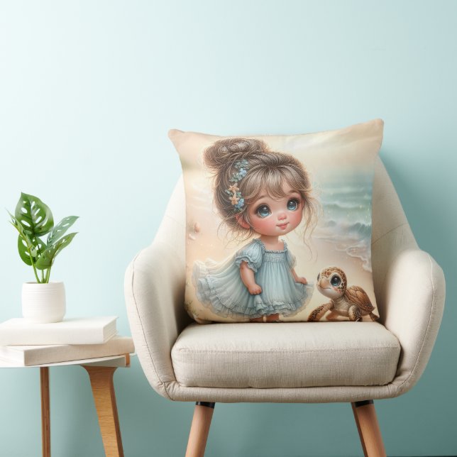 Little Girl With Turtle  Throw Pillow (Chair)