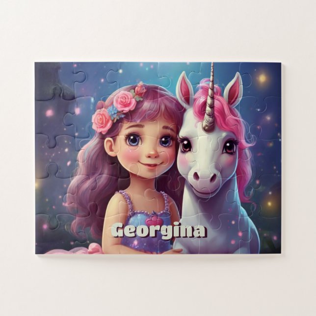 Little Girl with Unicorn Personalized Jigsaw Puzzle (Horizontal)