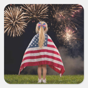 Little Girl Wrapped in an American Flag Square Sticker