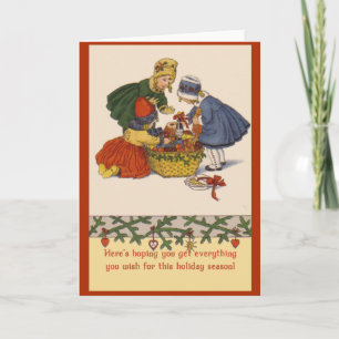 Little Girls and Box of Gifts Vintage Holiday Art Card