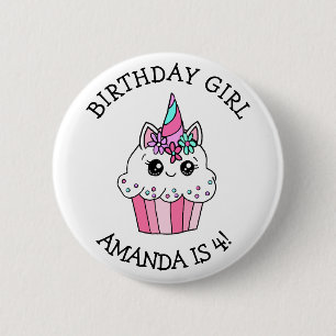 Little Girl's Birthday Girl Unicorn Cupcake 2 Inch Round Button