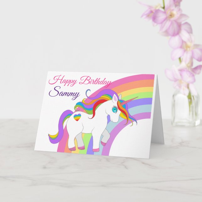 Little Girl's Birthday Unicorn Personalize Name Card (Orchid)