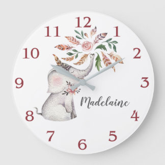 Little Girl's Boho Pink Gray Baby Elephant Large Clock