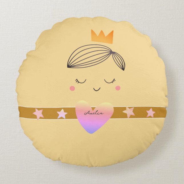 Little Girls Boho Princess Buttercream Yellow Round Pillow (Front)