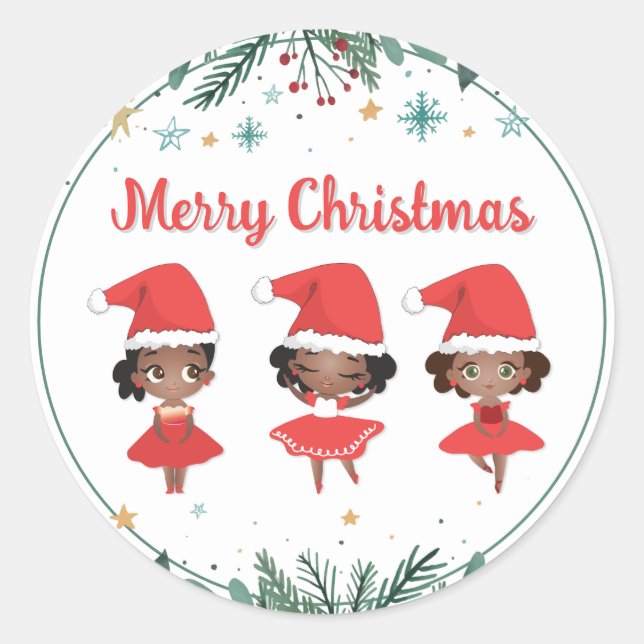 Little Girls Christmas Santa Hat Ballerinas Classic Round Sticker (Front)