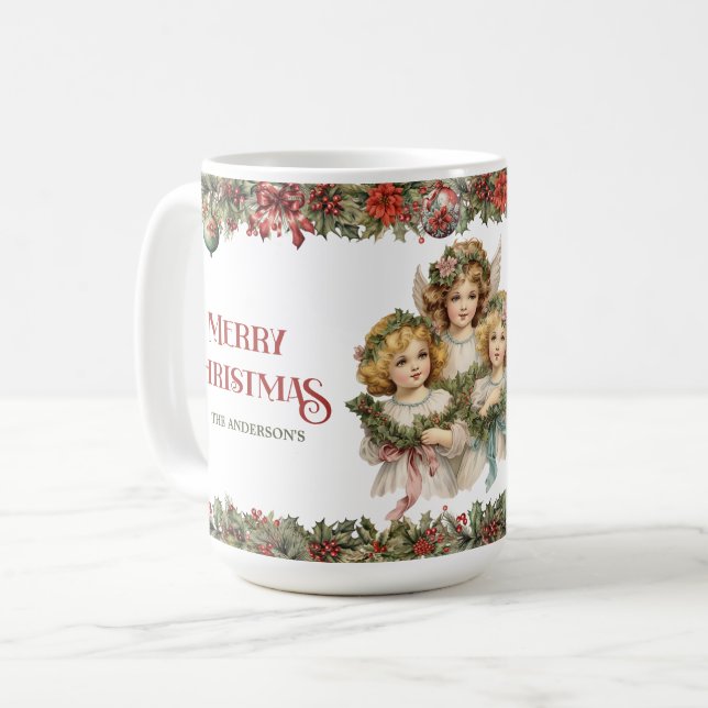 Little girls Christmas Victorian Angels with holly Coffee Mug (Front Left)