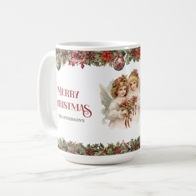 Little girls Christmas Victorian Angels with holly Coffee Mug (Front Left)