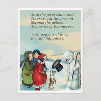 Little girls meet snowman gentlemen, vintage postcard