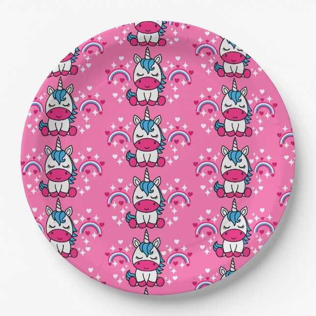 Little Girls Pink Rainbow Unicorn Paper Plate (Front)