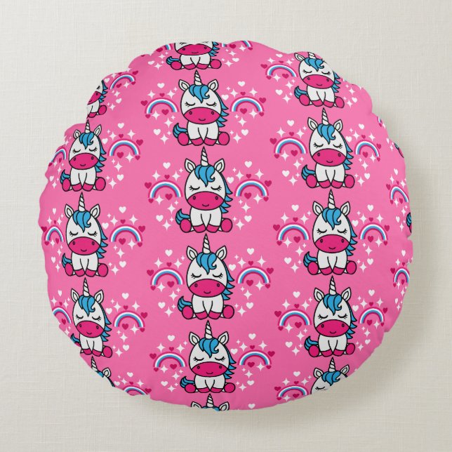 Little Girls Pink Unicorn Pony Round Pillow (Front)