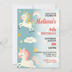Little Girls Unicorn and Rainbows Birthday Party Invitation