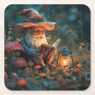 Little gnome reading a book  square paper coaster