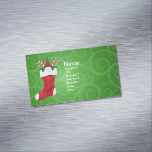 Little Gnome Red Hat In Christmas Stocking Green Magnetic Business Card
