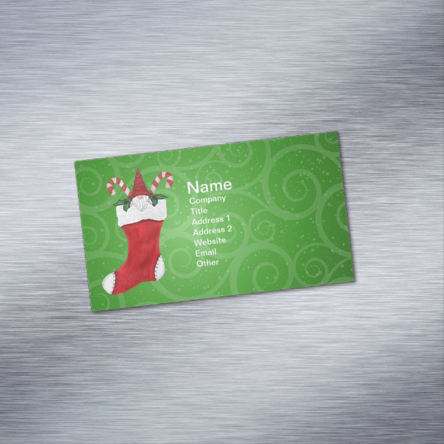 Little Gnome Red Hat In Christmas Stocking Green Magnetic Business Card (In Situ)