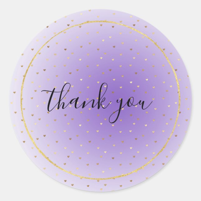 Little Gold Hearts Purple Ombre Thank you Classic Round Sticker (Front)