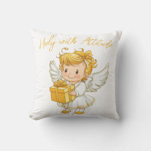 Little golden Angel with Gift  Throw Pillow