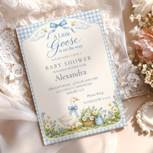 Little Goose Blue Gingham Baby Shower Invitation