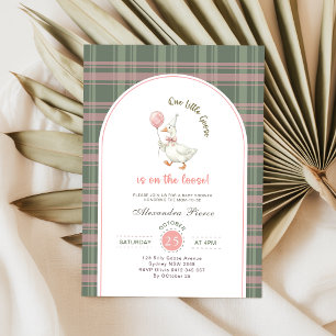 Little Goose Pink Bow Gingham Baby Shower Invitation