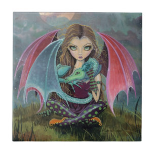 Little Gothic Fairy and Dragon Fantasy Art Tile
