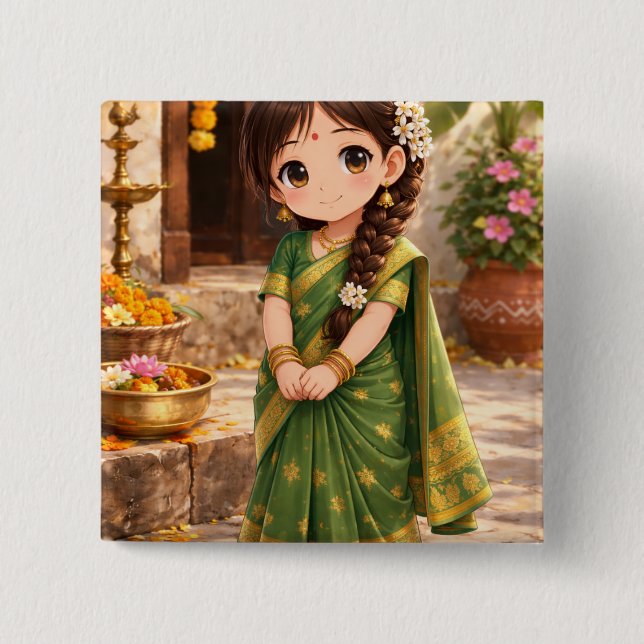 Little Grace in Green 2 Inch Square Button (Front)