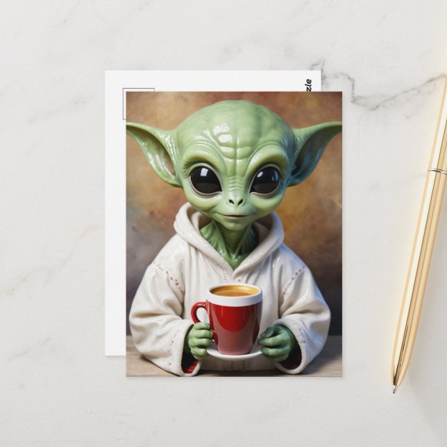 Little Green Alien in PJs with a Coffee Postcard (Front/Back In Situ)