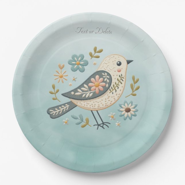Little Green Bird Floral Paper Plate (Front)
