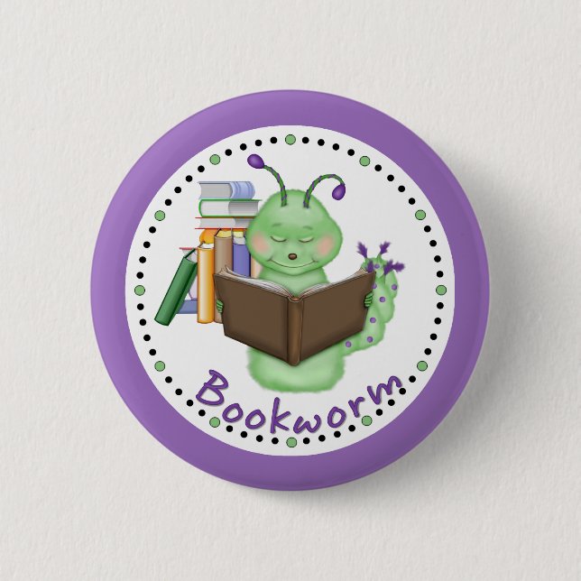Little Green Bookworm 2 Inch Round Button (Front)